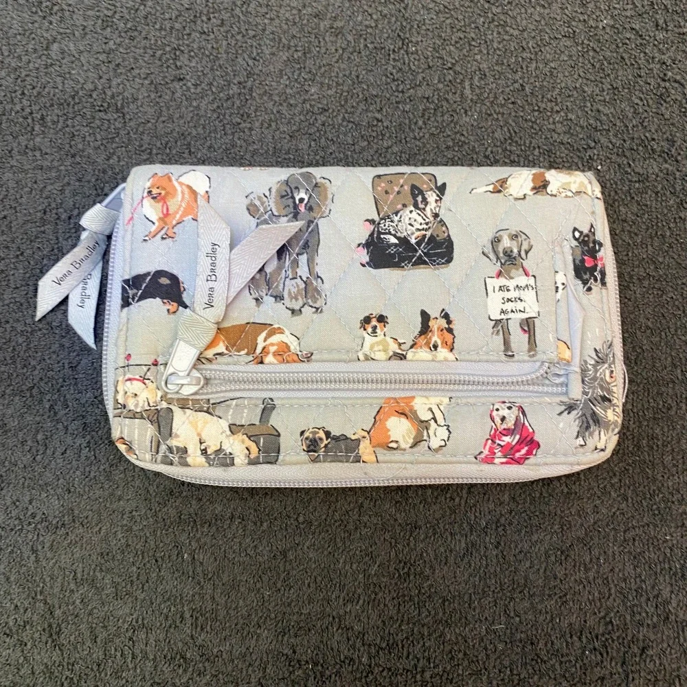 Vera Bradley Bad to the Bone RFID Riley Compact Wallet Gray Dog Print One Size